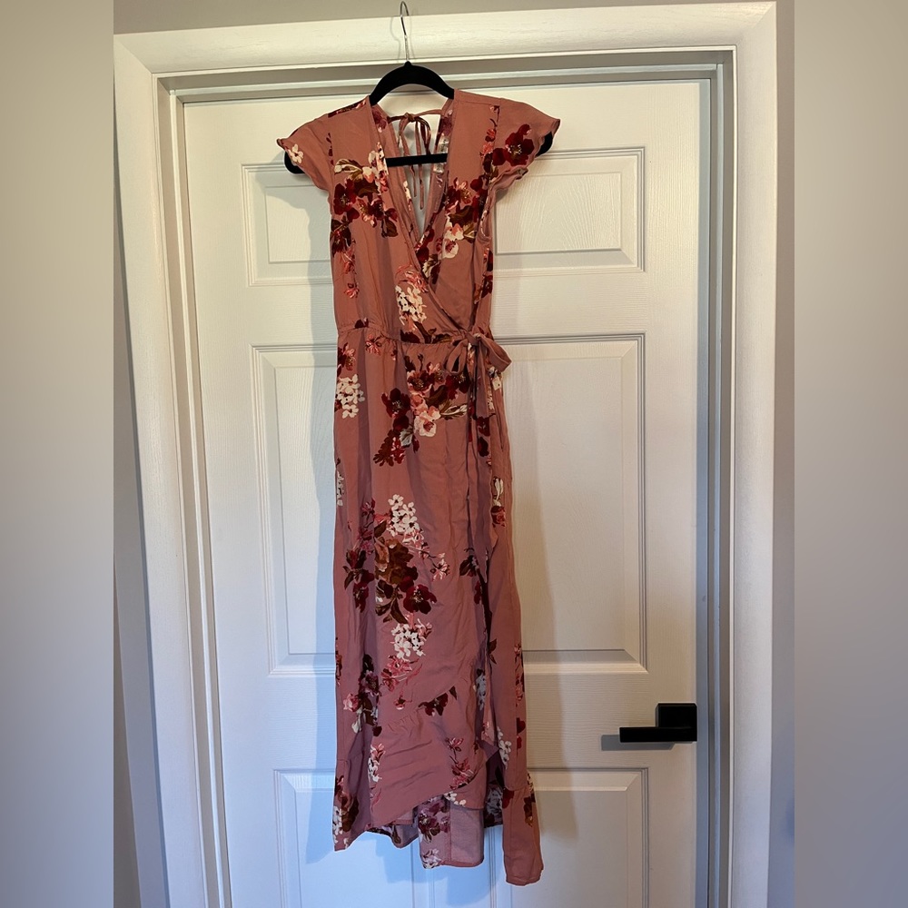 Bog Collective Maxi Dress M Pink Floral V Neck Tie Waist Ruffle Flutter Sleeve